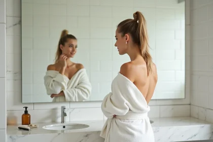 Femme pratiquant le rasage ticket de métro pour le maillot dans une salle de bain moderne en 2026