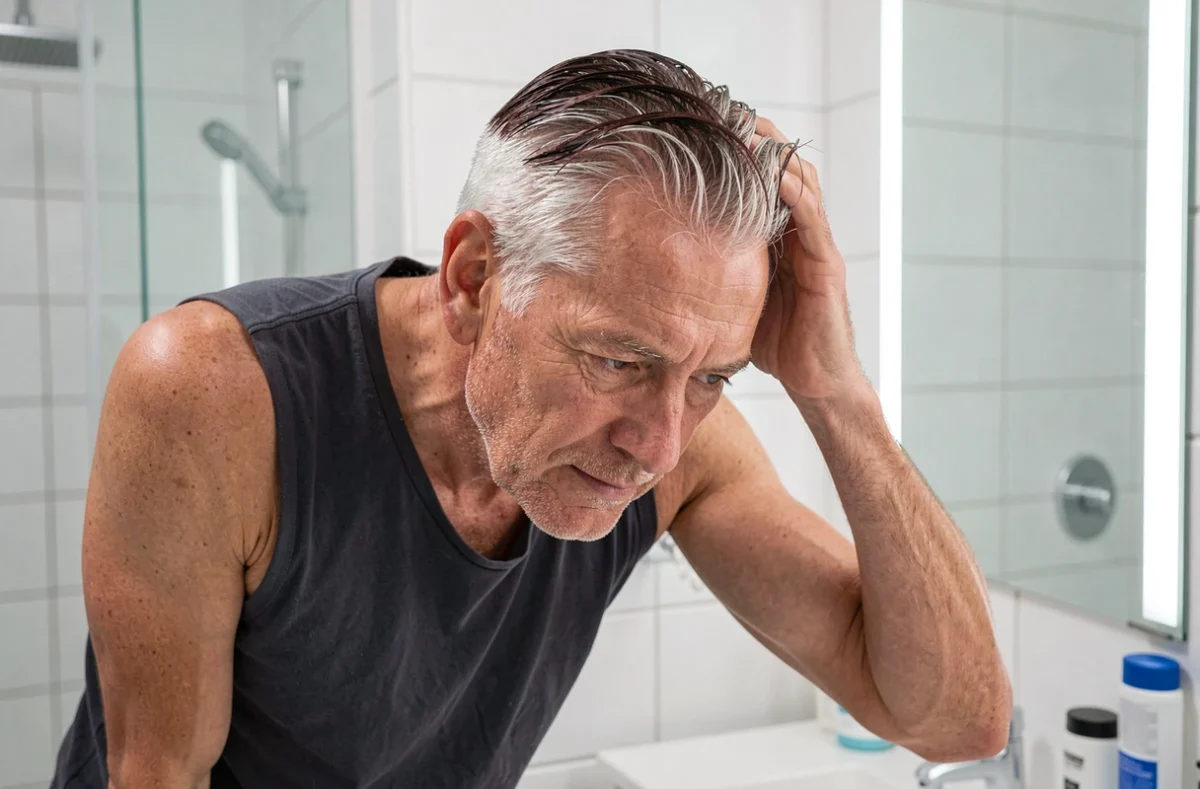 Homme aux cheveux blancs avec repousse visible après teinture foncée, examinant sa couleur dans un miroir de salle de bain