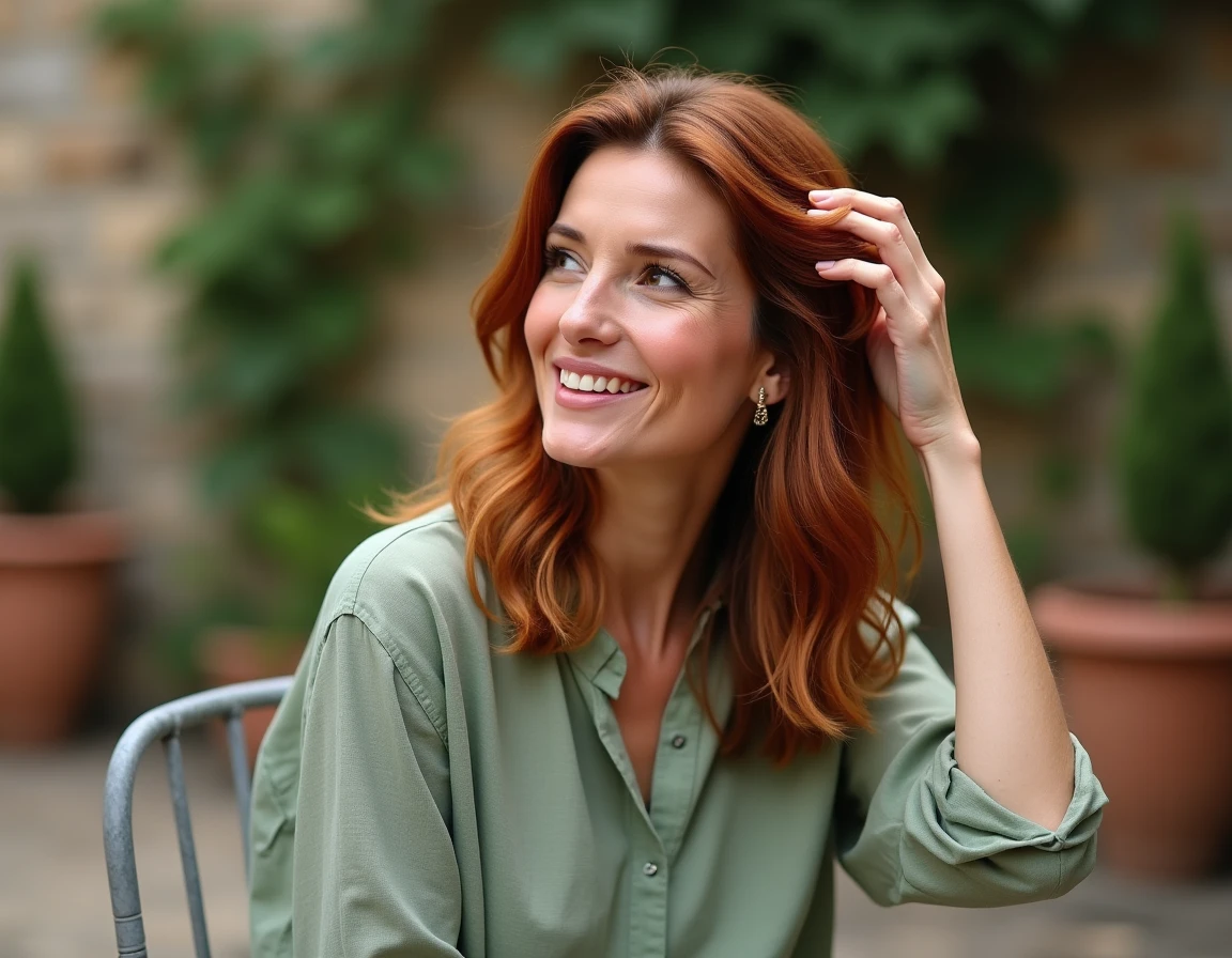 Femme aux cheveux blancs couverts par un henné auburn roux assise dans un jardin, montrant le résultat d'une coloration naturelle au henné