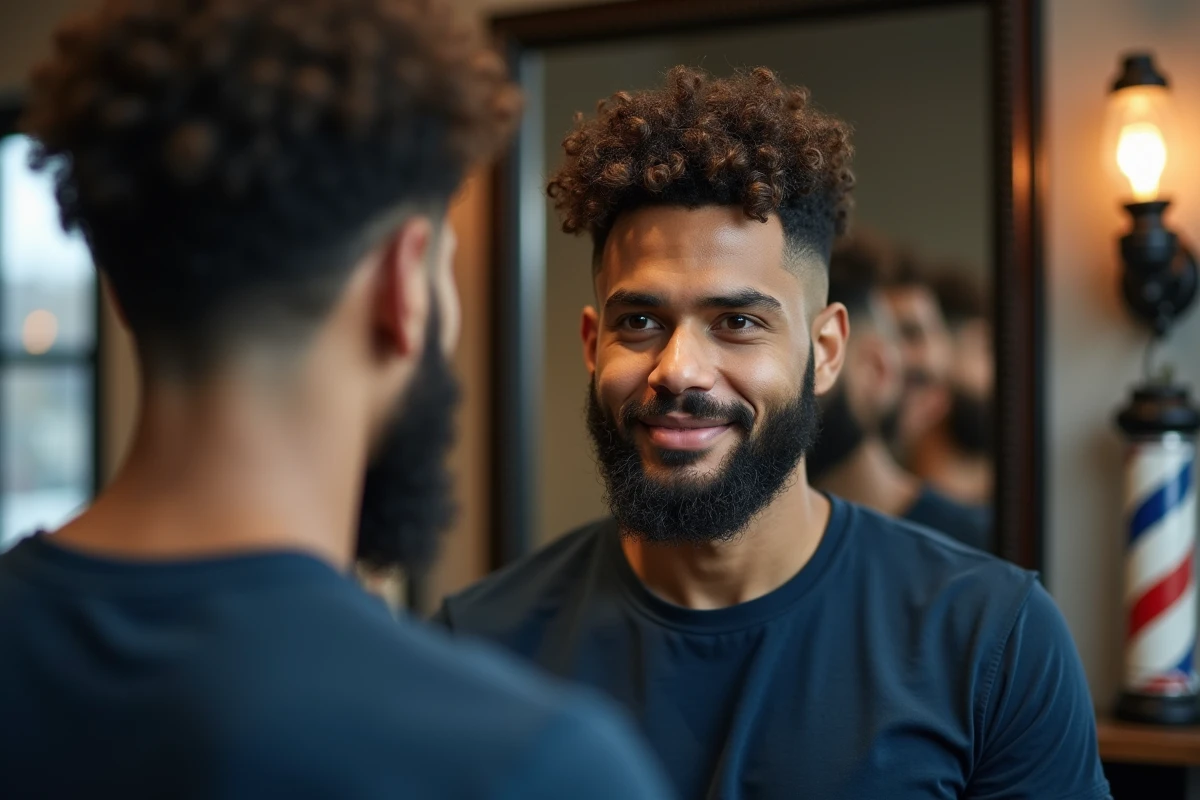 Homme avec un dégradé espagnol sur cheveux bouclés terminé, résultat final visible dans le miroir du salon