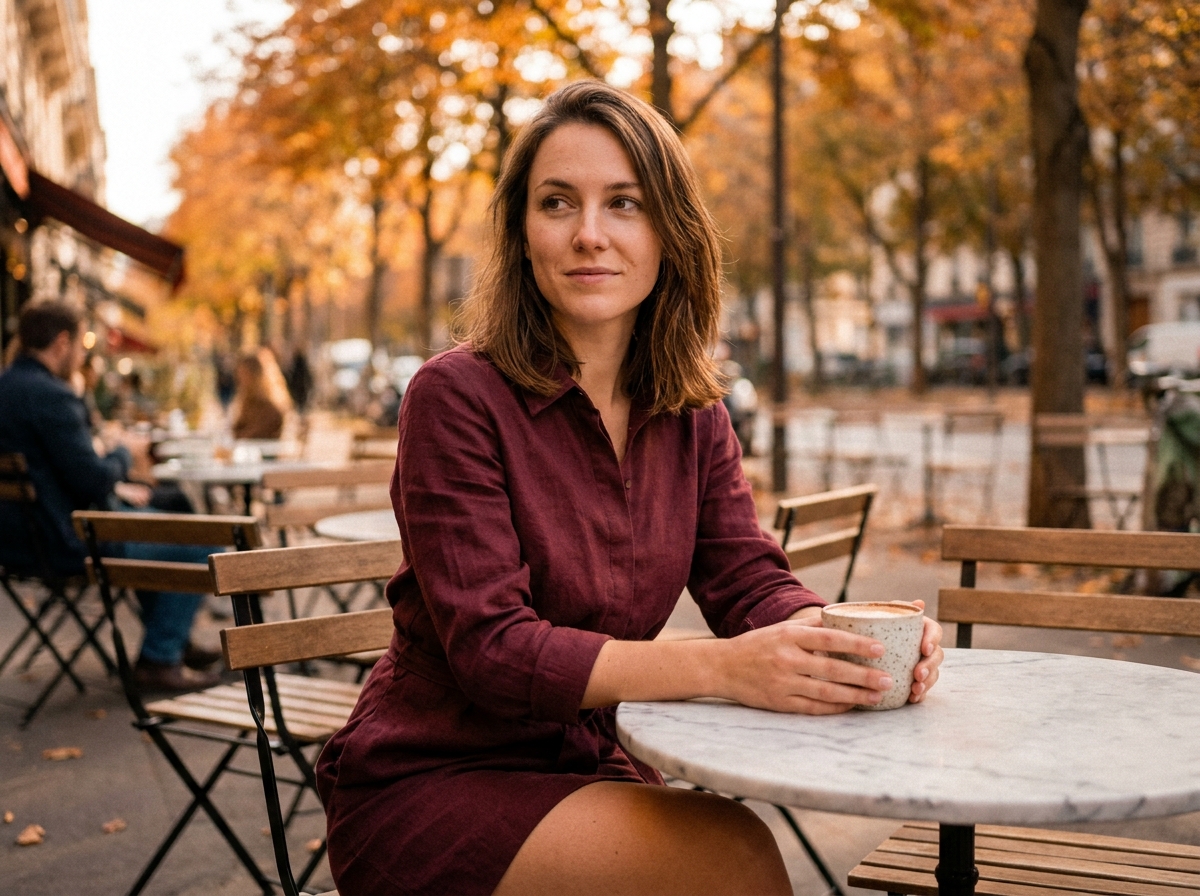 Femme en robe courte en lin bordeaux assise en terrasse de café en automne