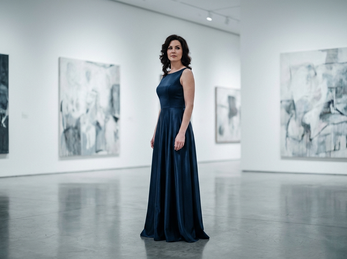 Femme en robe longue de soirée bleu marine dans une galerie d'art contemporaine en hiver 2026
