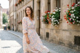 Femme portant une robe mi-longue fleurie dans une rue pavée européenne au printemps 2026