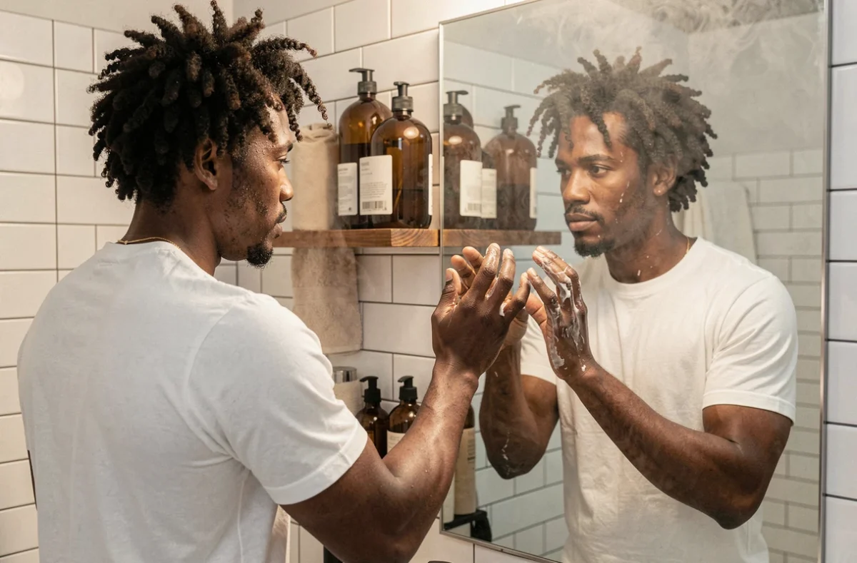 Homme afro appliquant une crème définissante sur ses boucles devant le miroir de la salle de bain à domicile