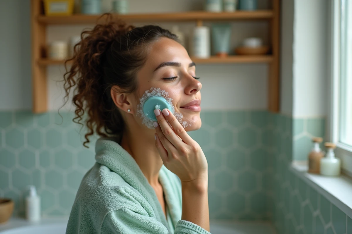 Jeune femme appliquant de la mousse de savon Nila bleu sur son visage pour traiter taches et boutons