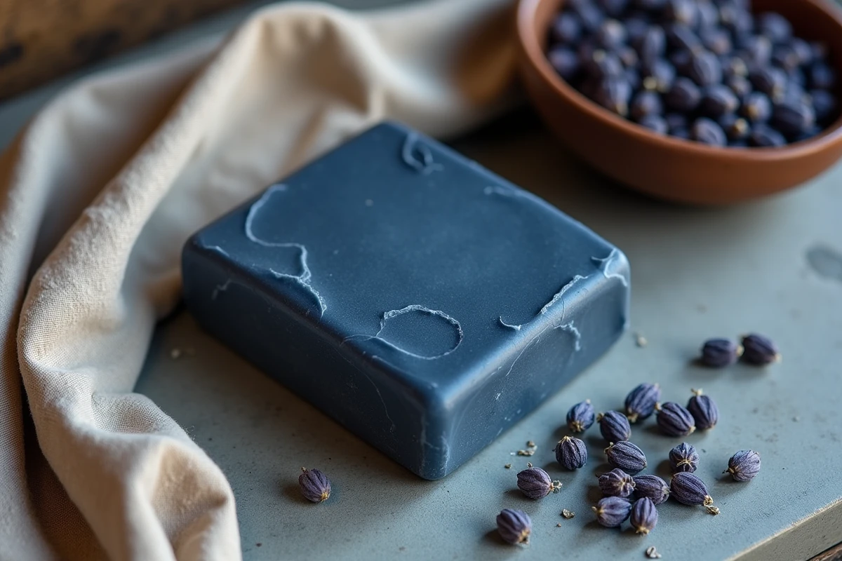 Pain de savon Nila bleu artisanal posé sur béton brut avec lavande séchée, texture naturelle