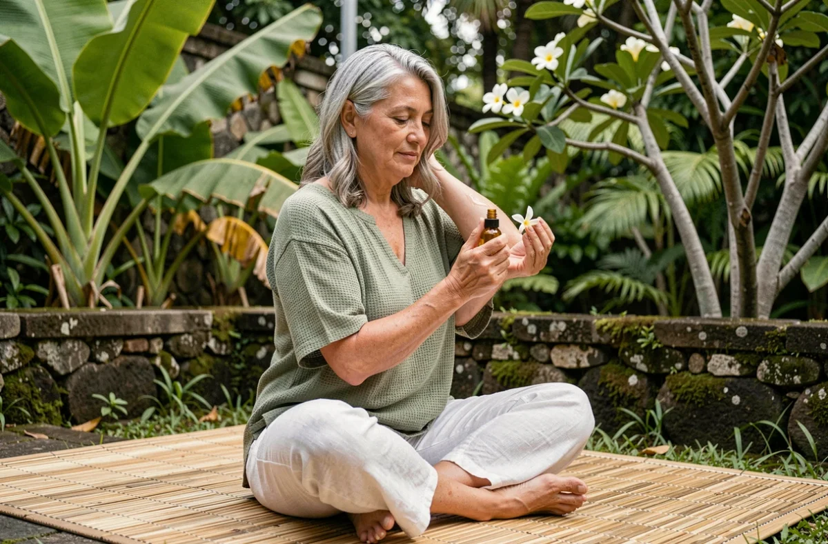 Femme pratiquant un soin bien-être au jasmin de Bali dans un jardin tropical, rituel beauté naturel en plein air