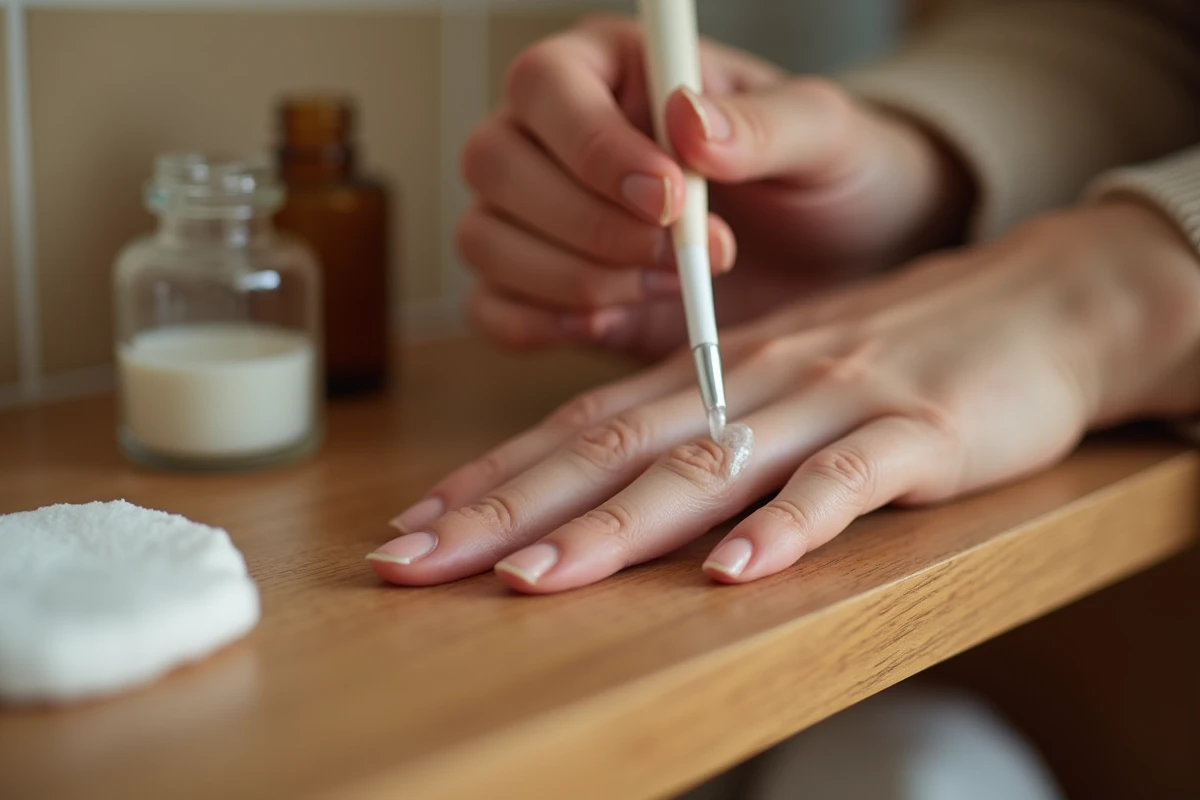 Application d'un soin réparateur transparent sur un ongle fendu verticalement dans une salle de bain à la maison