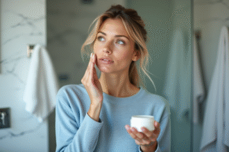 Femme appliquant une creme visage dans une salle de bain moderne