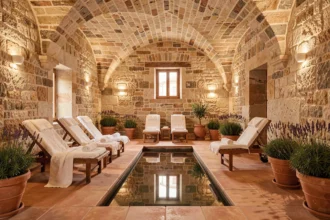 Intérieur d'un spa élégant en Bourgogne-Franche-Comté avec murs en pierre, transats blancs et bassin de détente, ambiance bien-être française