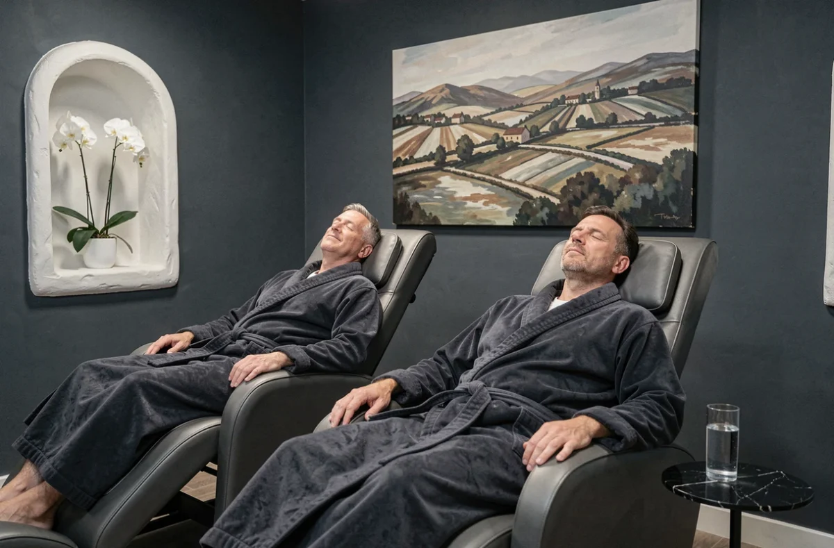 Salon de relaxation haut de gamme du Spa Loiseau des Sens à Saulieu, avec homme en robe anthracite dans un fauteuil zéro gravité face à une œuvre d'art murale sobre