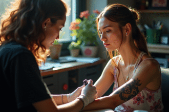 Jeune femme dans un studio de tatouage en lumière naturelle