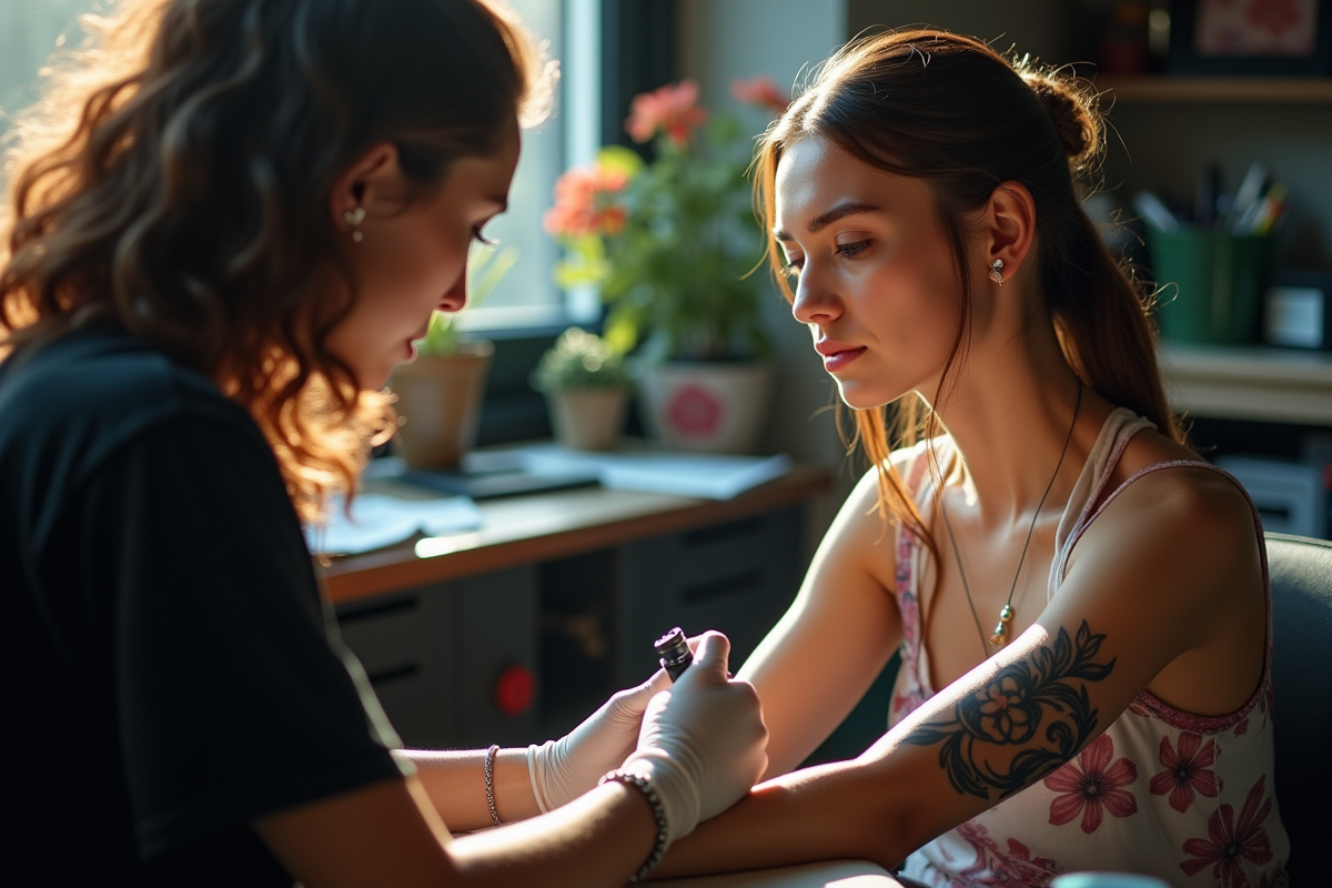 Jeune femme dans un studio de tatouage en lumière naturelle