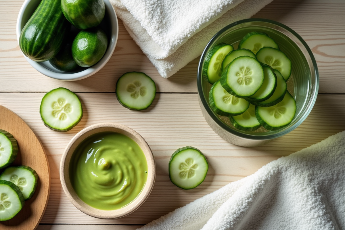 Table avec produits naturels de soin au concombre