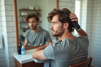 Homme aux cheveux mi-longs se taillant les côtés avec une tondeuse dans sa salle de bain à domicile