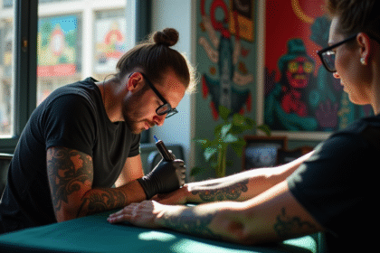 Artiste tatoueur en action dans un studio moderne avec dessins