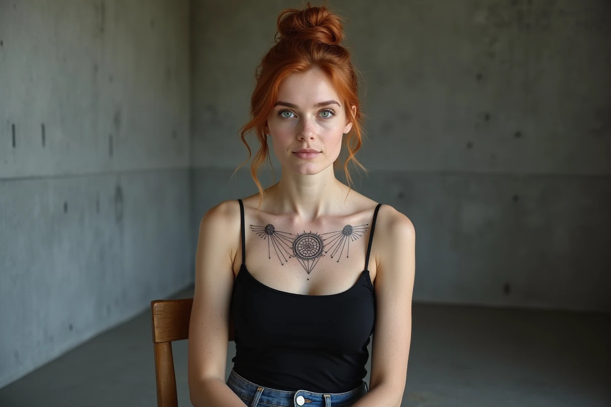 Femme rousse tatouage géométrique blackwork clavicule épaule droite en studio minimaliste béton
