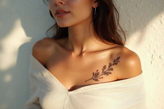 Tatouage femme épaule clavicule motif botanique eucalyptus en fine ligne sur peau olive, style éditorial réaliste