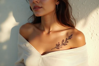 Tatouage femme épaule clavicule motif botanique eucalyptus en fine ligne sur peau olive, style éditorial réaliste