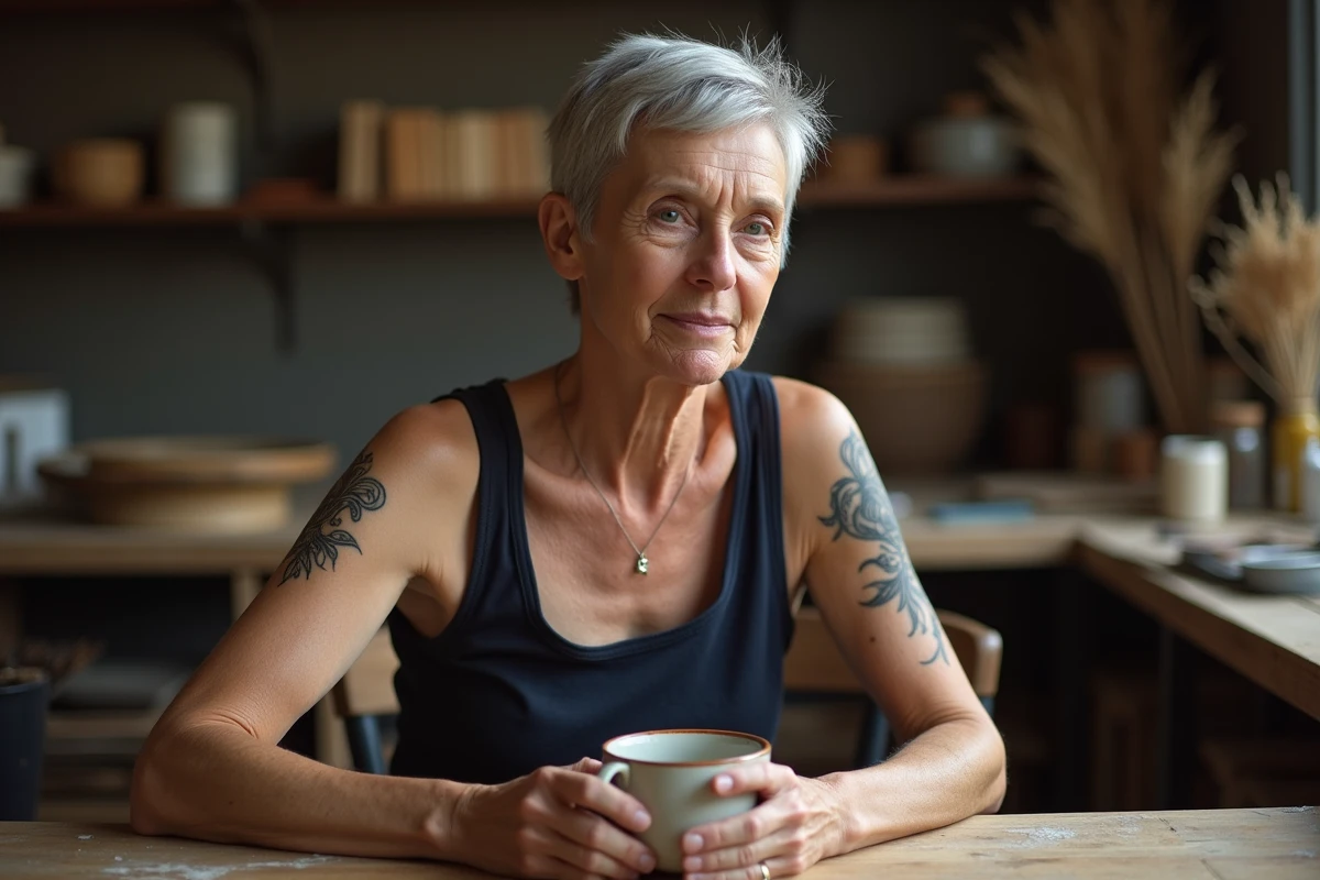 Femme aux cheveux argentés avec un tatouage fleur de lys féministe sur l'épaule dans un atelier artistique
