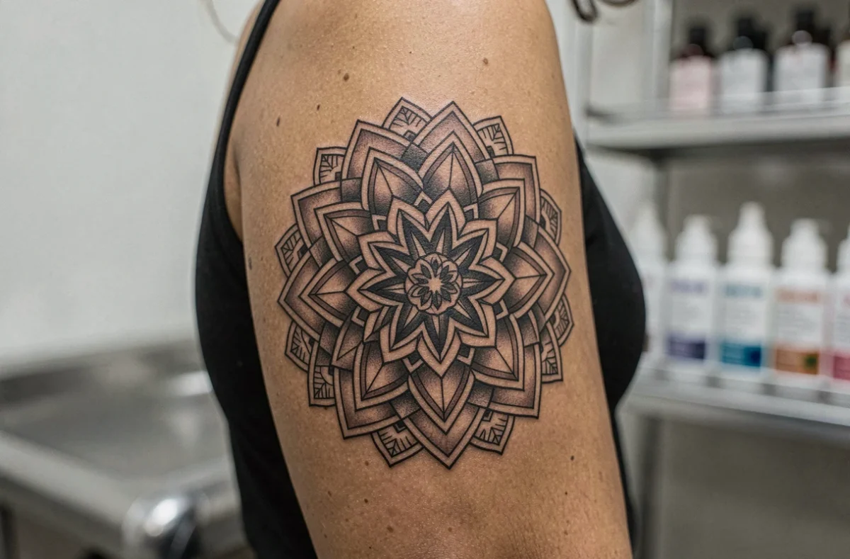 Gros plan sur un tatouage mandala géométrique noir et gris en fine ligne sur l'épaule d'une femme dans un studio de tatouage à Toulouse