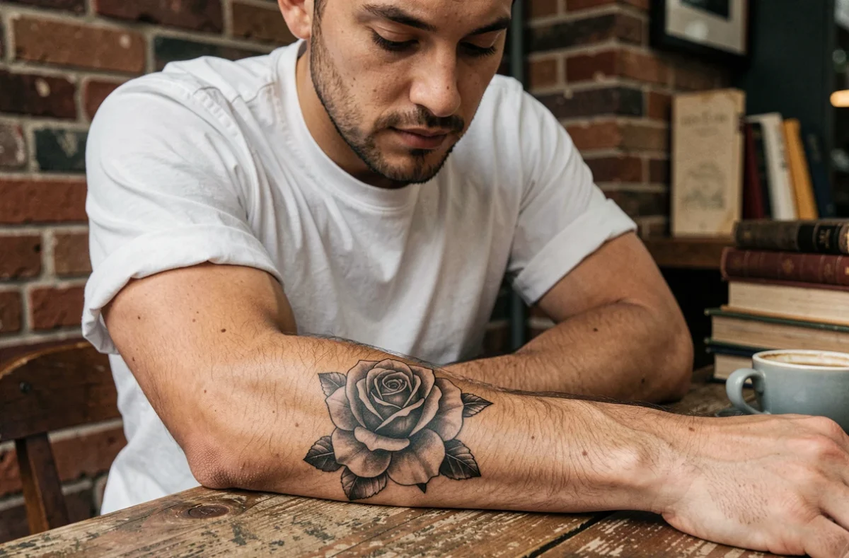 Homme avec un tatouage rose sur l'avant-bras dans un café, symbolisant la signification du tatouage rose selon l'emplacement choisi