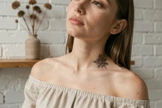Femme avec un tatouage rose sur la clavicule, illustrant la signification et le placement d'un tatouage rose sur le corps