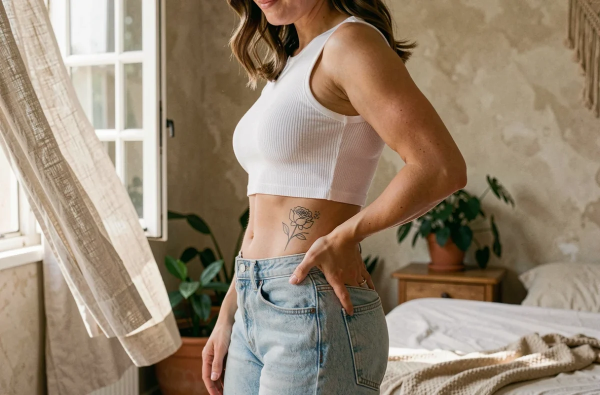 Femme montrant un tatouage rose sur les côtes, représentant la douleur et la signification du tatouage rose selon la zone du corps