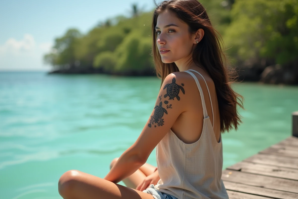 Femme assise sur un ponton montrant un tatouage tortue combiné à des symboles lotus et lune croissant sur l'épaule