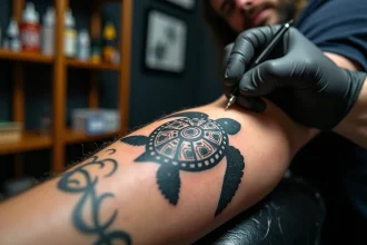 Tatoueur au travail sur un tatouage de tortue polynésienne géométrique sur l'avant-bras d'un client en studio