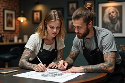 Tatoueur en discussion avec une cliente dans un studio moderne