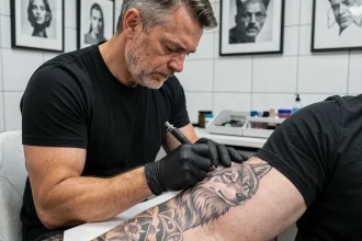 Tatoueur professionnel à Toulouse réalisant un tatouage noir et gris réaliste d'un loup sur l'avant-bras d'un client dans un studio moderne