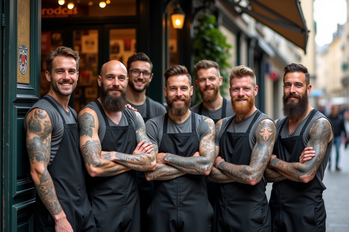 Groupe de tatoueurs devant une boutique parisienne en journée