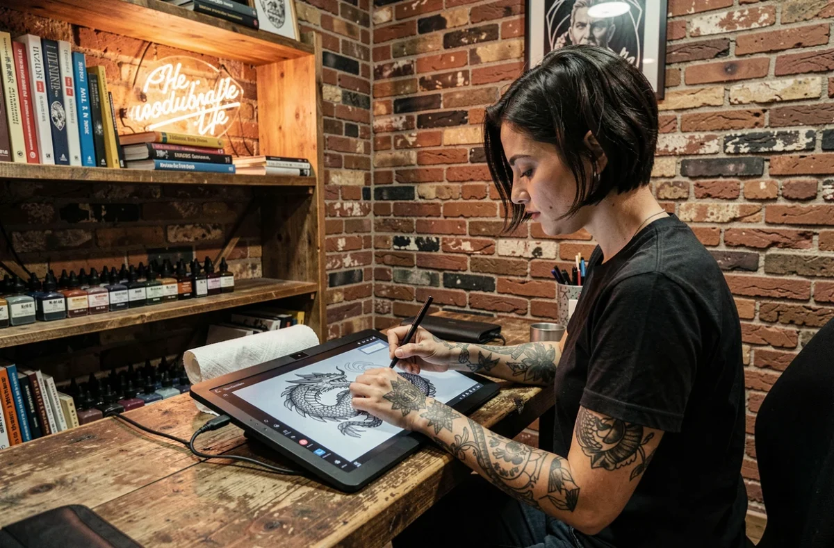Tatoueuse toulousaine dessinant un motif de dragon japonais en noir et gris sur tablette graphique dans son studio au décor vintage avec briques apparentes