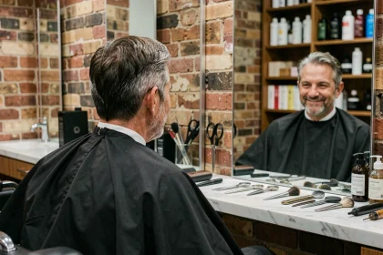 Homme d'une cinquantaine d'années dans un fauteuil de barbier après une teinture pour cheveux blancs, regardant son reflet dans un miroir