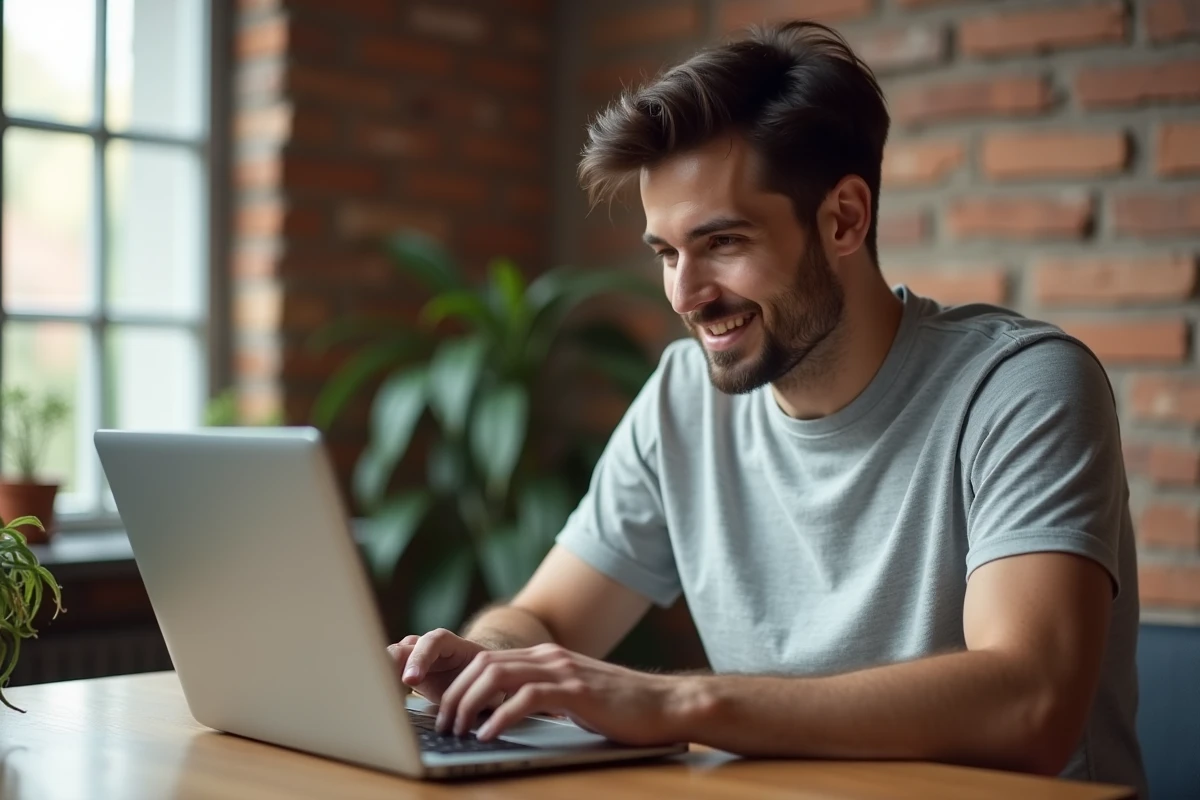 Jeune homme à son bureau à domicile utilisant un outil en ligne pour tester des coupes de cheveux virtuelles