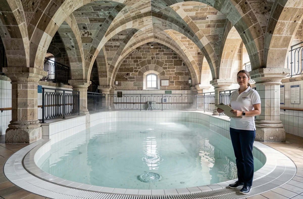 Grande salle thermale voûtée de ThermaSalina à Salins-les-Bains avec piscine d'eau minérale bleu-vert et architecture en grès du XIXe siècle