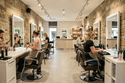 Vue d'ensemble d'un salon de coiffure animé dans le Grand Est avec plusieurs coiffeurs au travail