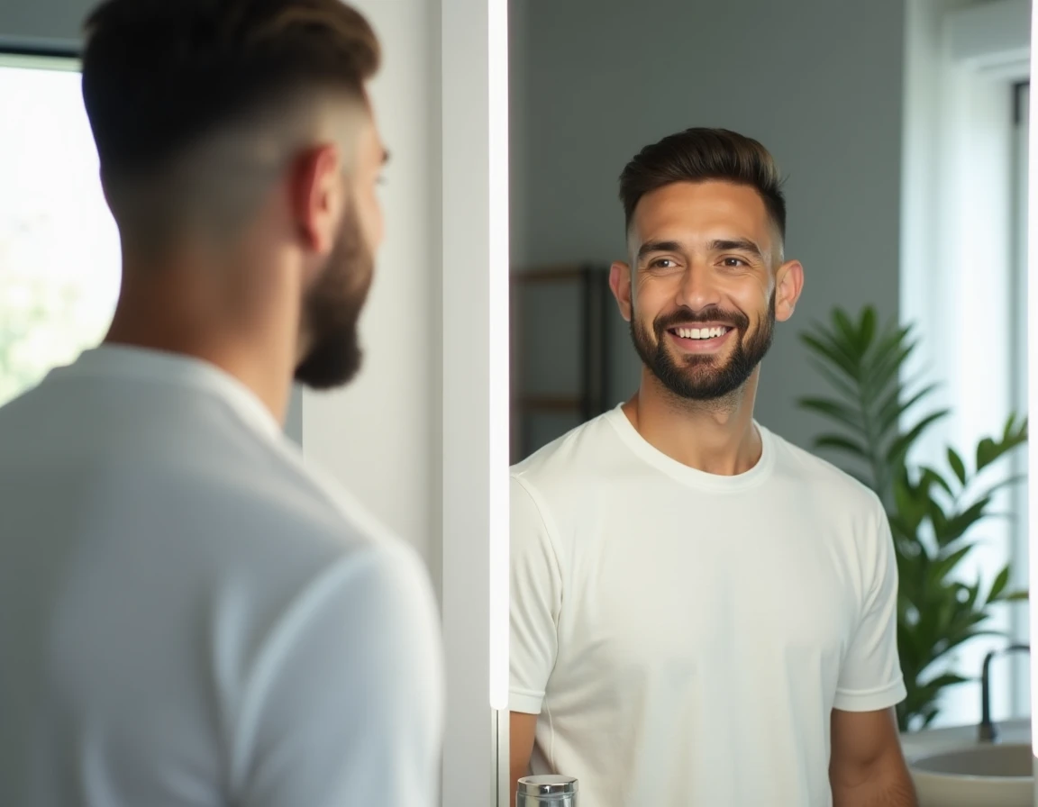 Homme au miroir montrant un fade tapered parfait avec transition nette entre cheveux courts et barbe bien taillée