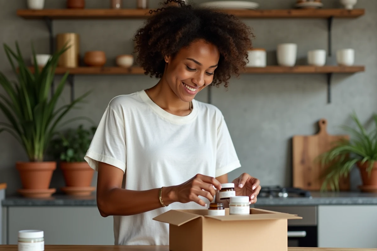 Femme aux cheveux bouclés découvrant les produits de sa box beauté mensuelle clean dans une cuisine moderne avec emballages éco-responsables