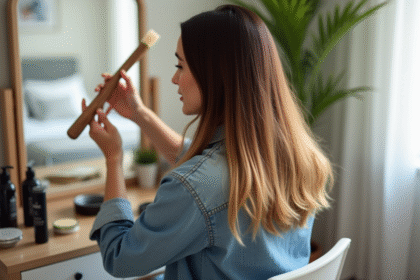 Femme appliquant un ombré naturel sur ses cheveux dans une chambre lumineuse
